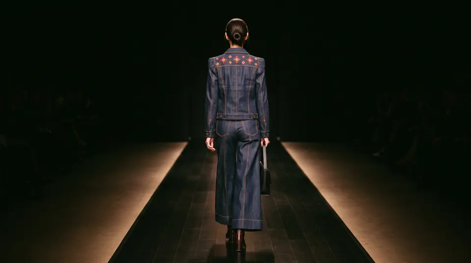 Modelo de espaldas en pasarela con conjunto de denim