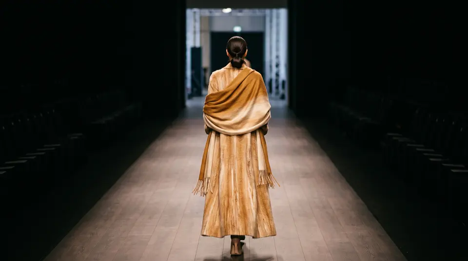 Modelo de espaldas en una pasarela con un chal largo de fibra de vicuña