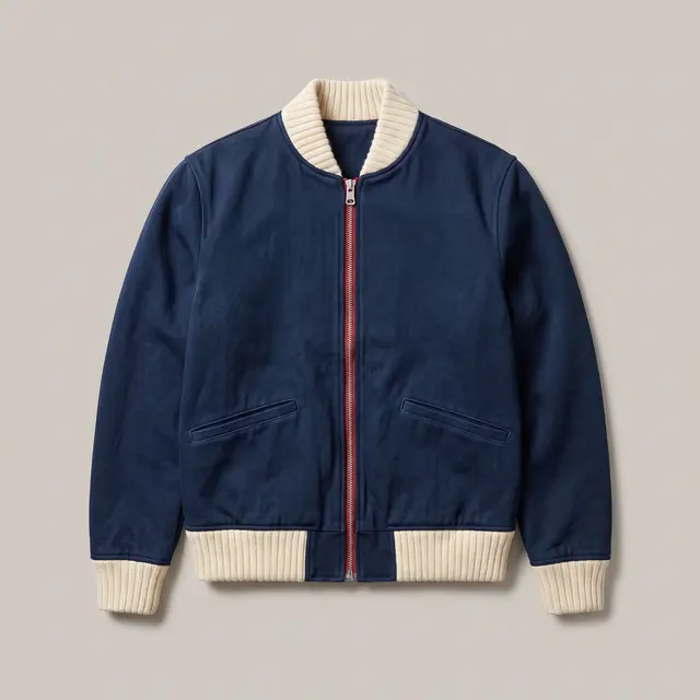 Casaca bomber índigo con cuello de punto y cierre rojo